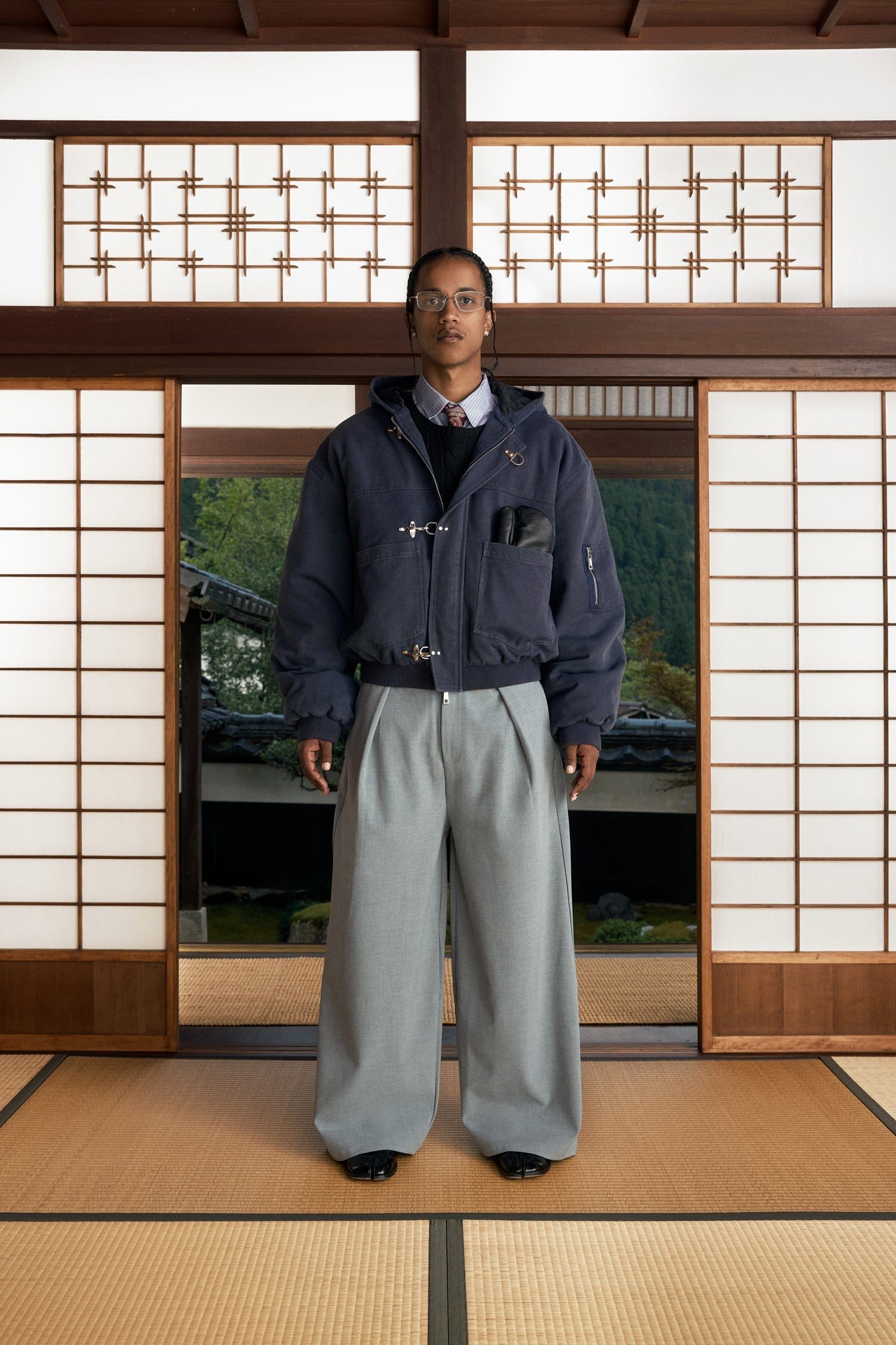 Shige Navy Canvas Clasp Bomber Jacket
