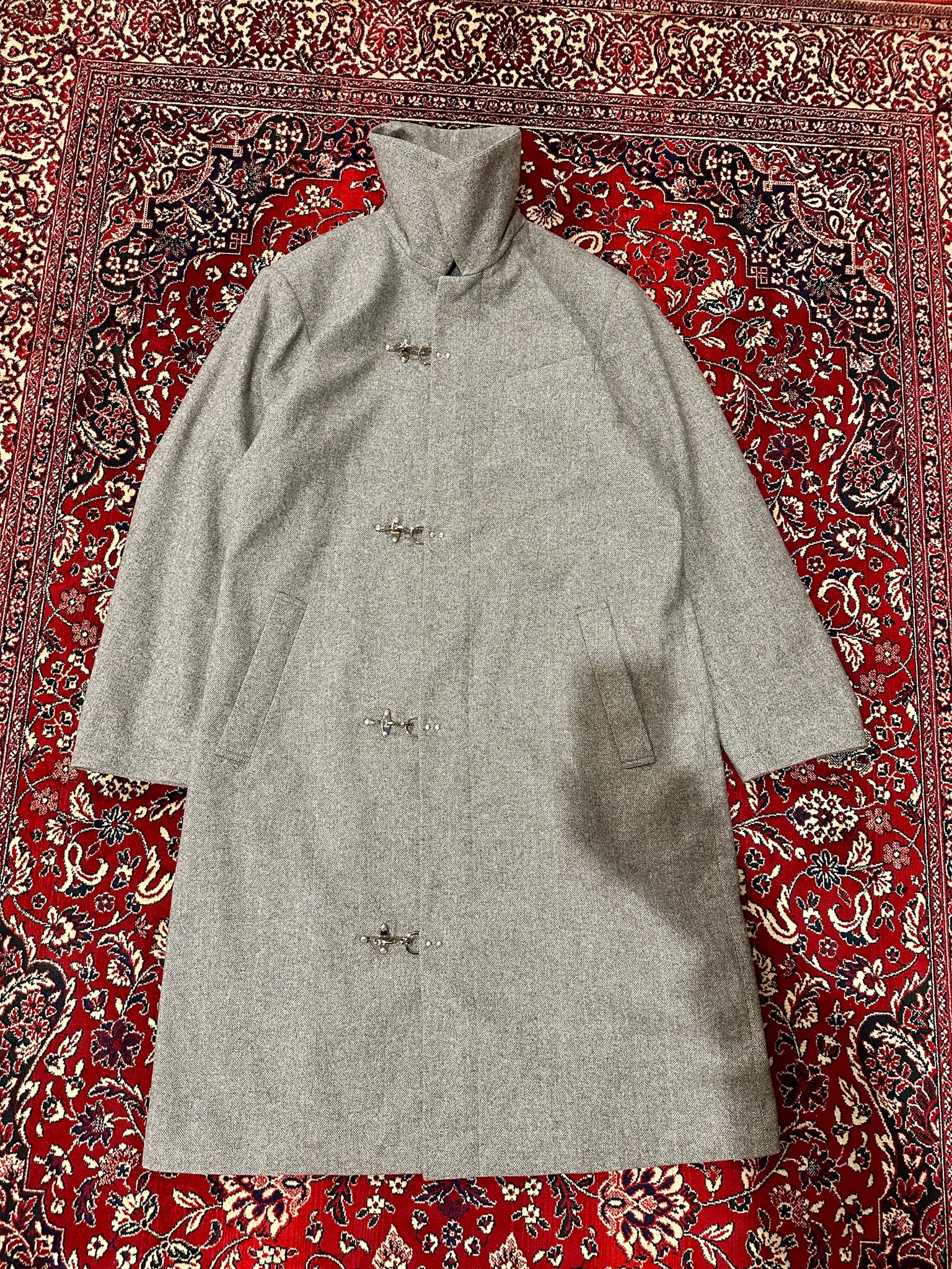 Grey Herringbone Clasp Trench Coat