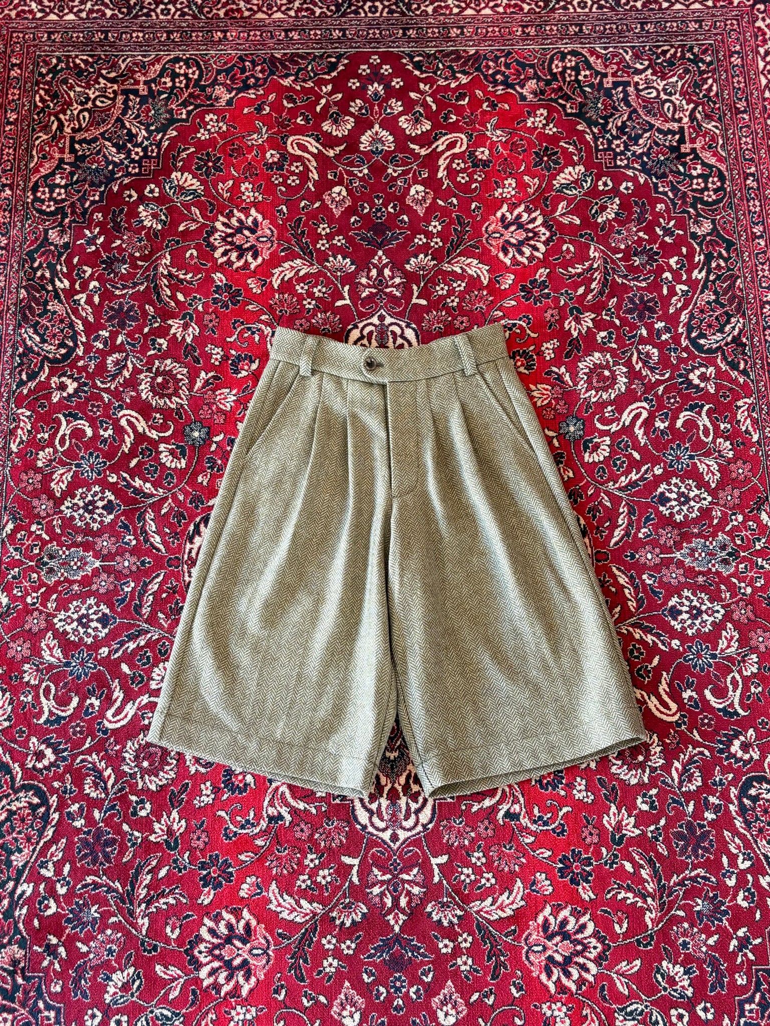Sage Green Herringbone Wool Pleated Shorts