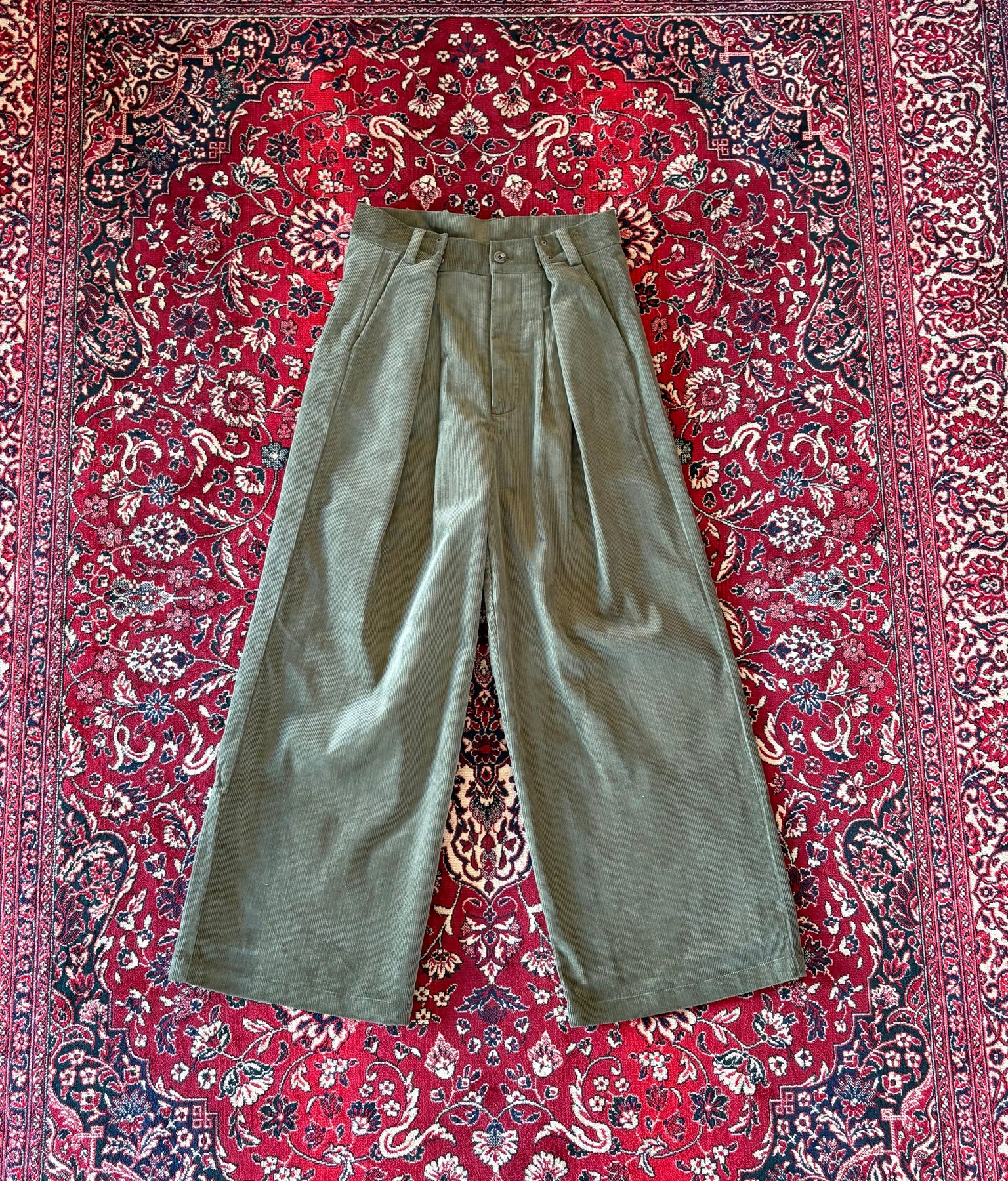 Army Green Corduroy Wide Leg Trousers