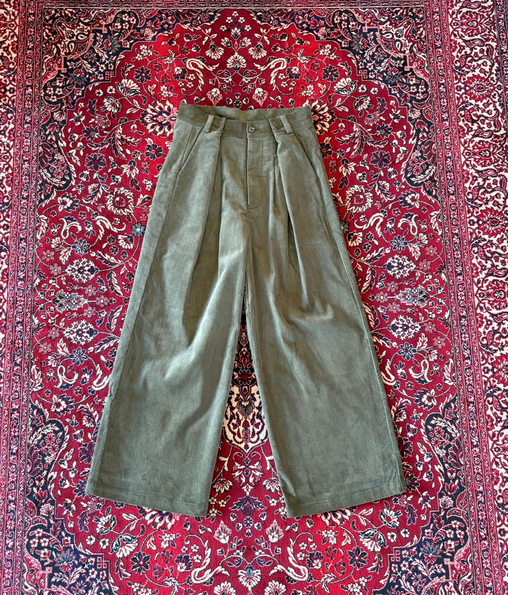 Army Green Corduroy Wide Leg Trousers